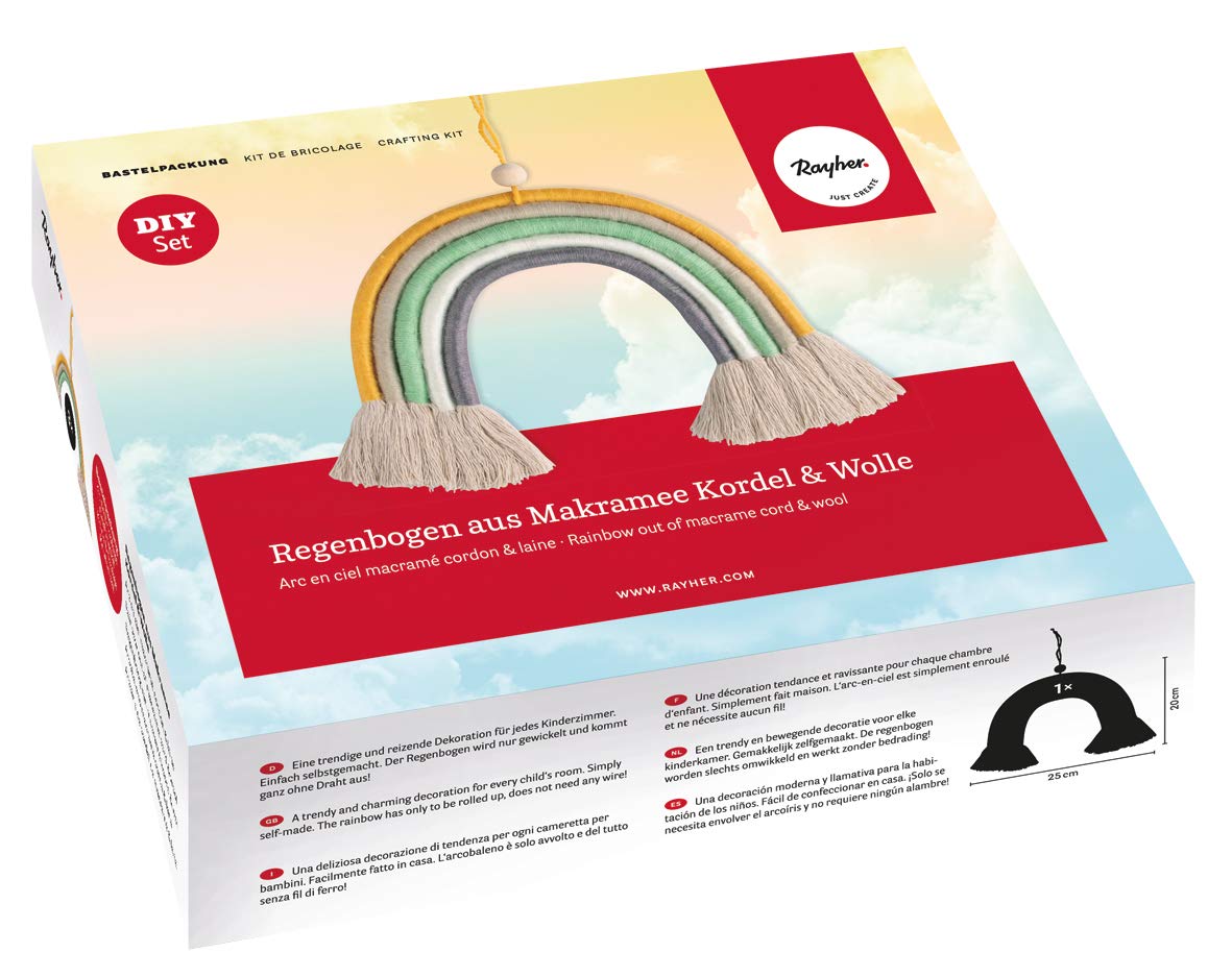 Rayher 55946999 DIY Rainbow Macrame Kit, Craft Kit for Rainbow Wall Hanging, 25 x 20 cm