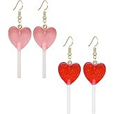 Dreuyet 2 Pairs Heart Lollipop Earrings for Women Cute Glitter Candy Dangle Earrings Resin Heart Lollipop Earrings Sweet Transparent Heart Candy Lollipop Earrings
