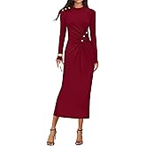 ZESICA Womens 2026 Fall Long Sleeve Mock Neck Bodycon Midi Dress Ruched Knit Elegant Party Cocktail Formal Dresses