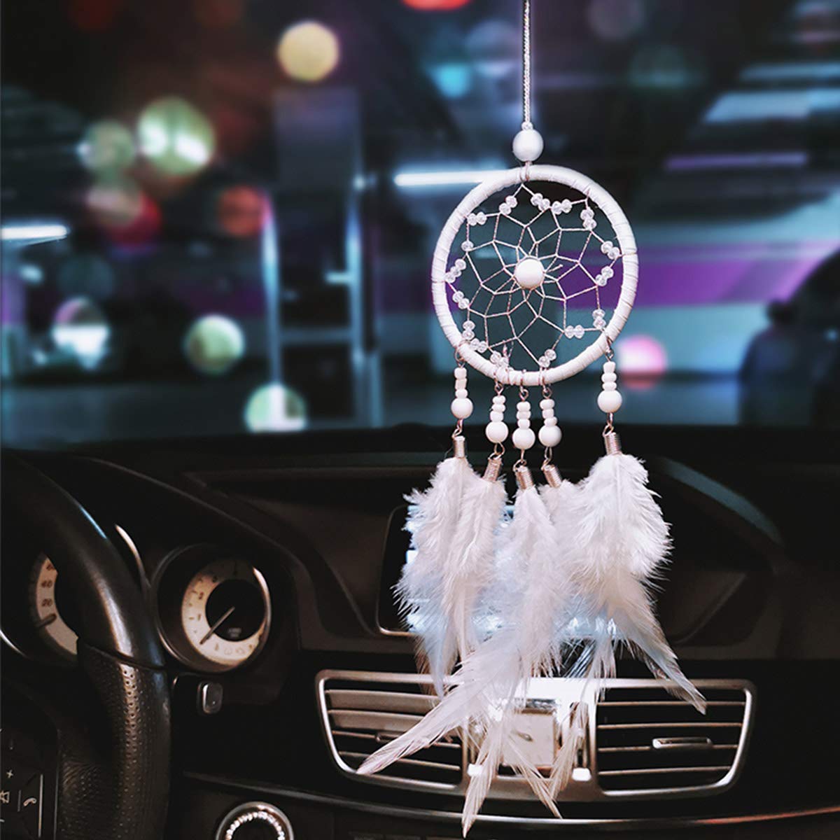 Feather Dream Catcher Car Interior Rearview Pendant, Feather Dream Catchers Car Charm for Car Wall Bedroom Hanging Decorations (Style E-White)