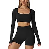 2 Piece Workout Sets for Women Long Sleeve Backless Crop Top and Butt-lifting Shorts Jogger Athletic Gym Outfits