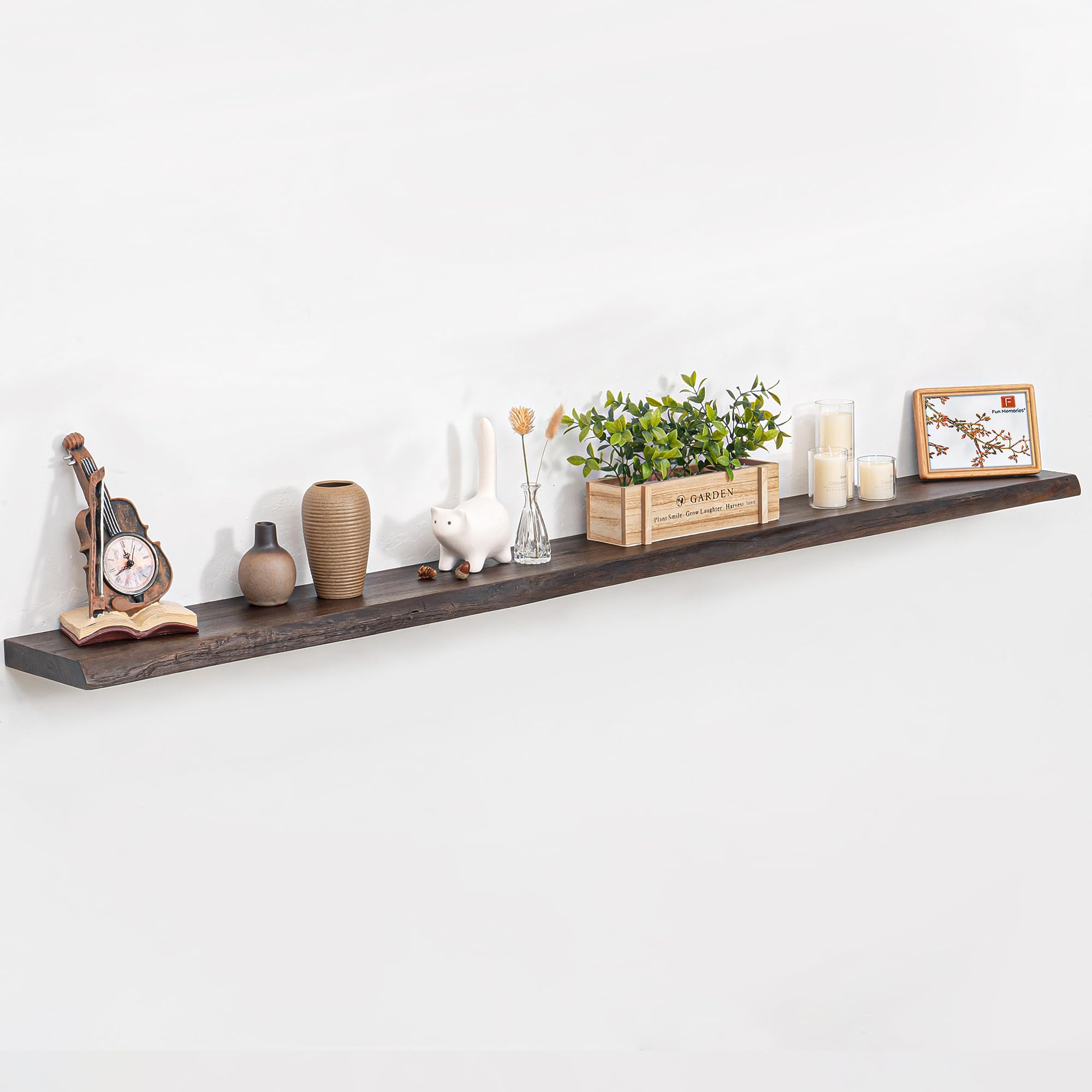 Photo 1 of **SHELF ONLY MISSING ASSEMBLY HARDWARE** Floating Shelves for Wall, 72"x9.3" Rustic Solid Live-Edge Elm Wood Wall Shelves, Heavy-Duty Floating Shelves with Invisible Brackets, Set of 2 for Living Room, Bedroom, and Kitchen, Grey Finish