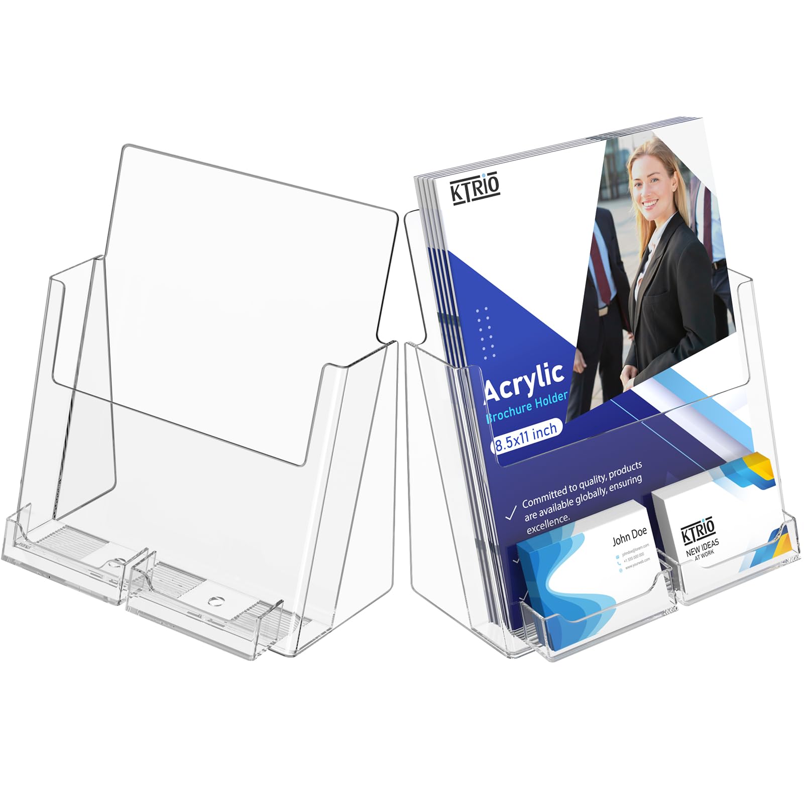 Photo 1 of KTRIO Acrylic Brochure Holder 8.5x11 Inches with Business Card Holder 2 Pack, Clear Plastic Brochure Display Stand for Pamphlets, Magazine, Flyers, Booklets, Literature, Signs, Menu, Business Cards