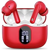 Wireless Earbuds, Bluetooth 5.4 Headphones Bass Stereo, Ear Buds with Noise Cancelling Mic, LED Display in Ear Earphones Clear Calls, IP7 Waterproof Bluetooth Earbuds for Laptop/Phones/Sports, Red