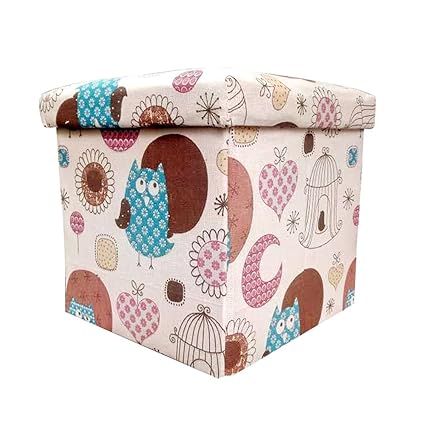 Sterling Foldable Cotton Ottoman Storage Box Cum Stool - with Owl Pattern Foldable Stool