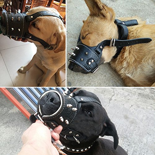 PET ARTIST Gentle Genuine Leather Padded Dog Muzzle Spikes Studded Adjustable Dog Mouth Cover