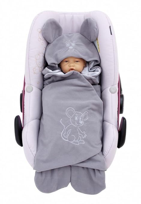 ByBoom® – Einschlagdecke kuschelig Universal für die Übergangszeit und Sommer für Babyschale, Autositz (z.B. für Maxi-Cosi, Römer), Kinderwagen, Buggy oder Babybett, Farbe: Dunkelgrau/Grau – Maus