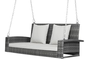 DORTALA Hanging Porch Swing, 2-Person Outdoor Wicker Swing Chair Bench with Cushions, Steel Chains for Garden, Backyard, Deck