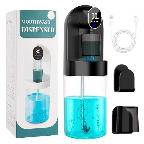 Automatic Mouthwash Dispenser for Bathroom 20.29 oz, Wall-Mounted Electric Mouth Wash Dispensers with 2 Megnetic Cups, 4 Dispensing Modes for Kids Family Couple Use (Black)