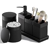 InnJoey 6-Piece Black Bathroom Set - Sleek Resin Organizer with Soap Dispenser, Toothbrush Holder, Vanity Tray, Tumbler & Apothecary Jars for Small Spaces