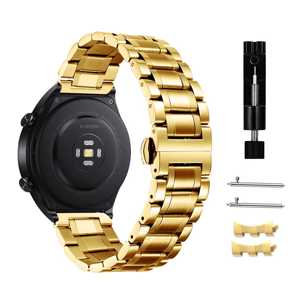 Niboow 22mm Strap for Amazfit Balance/Bip 5/GTR 4/GTR 3 Pro/GTR 3, Metal Stainless Steel Watch Bands for Xiaomi Watch 2 Pro/Watch S1/Watch S1 Active/Mi Watch/Huawei Watch 4/Watch 4 Pro - Gold