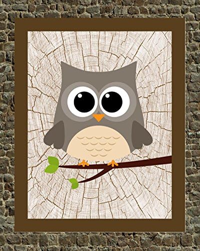 Woodland Animals Nursery Art - Rustic Country Baby Decor - Grey Owl on Tree Limb