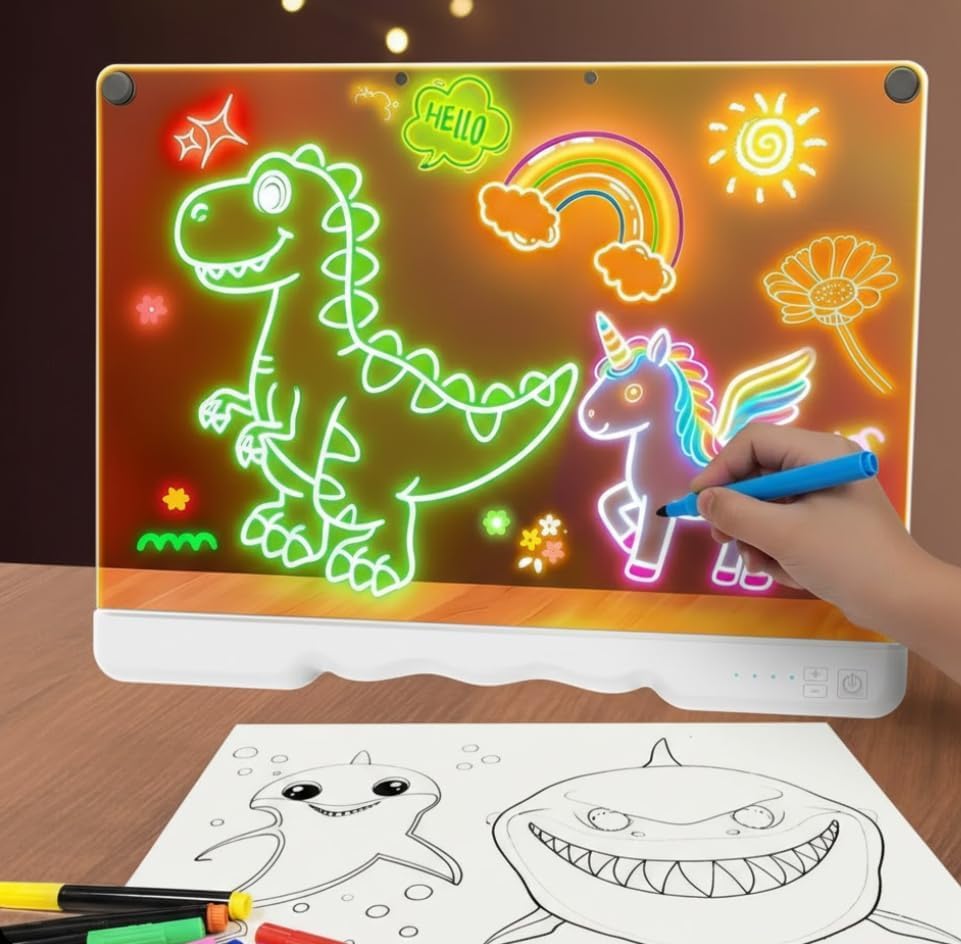 SLEEPHEAD® 16-Inch Rechargeable Doodle Glow LED Note Board, 7-Color Light Modes, Neon Art Dry Erase Light Up Drawing Pad with Built-in Stand, Sketching Gift Toy for Kids/Girls/Teens, 7 Markers & Traci