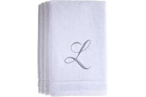 CREATIVE SCENTS Monogrammed Towels Fingertip, Personalized Gift, 11 x 18 Inches - Set of 4- Silver Embroidered Towel - Extra Absorbent 100% Cotton- Soft Velour Finish - For Bathroom/ Kitchen/ Spa- Initial L (White)