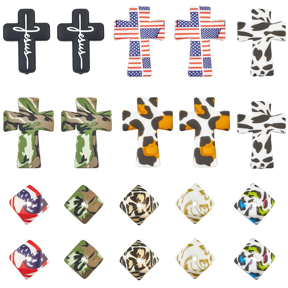 SUNNYCLUE 1 Box 20Pcs 10 Styles Leopard Print Silicone Beads Bulk Cross Beads Rhomboid Camouflage Character Rubber Cow Colorful Focal Bead for Pens DIY Keychain Making Bracelet Necklace Craft Adults