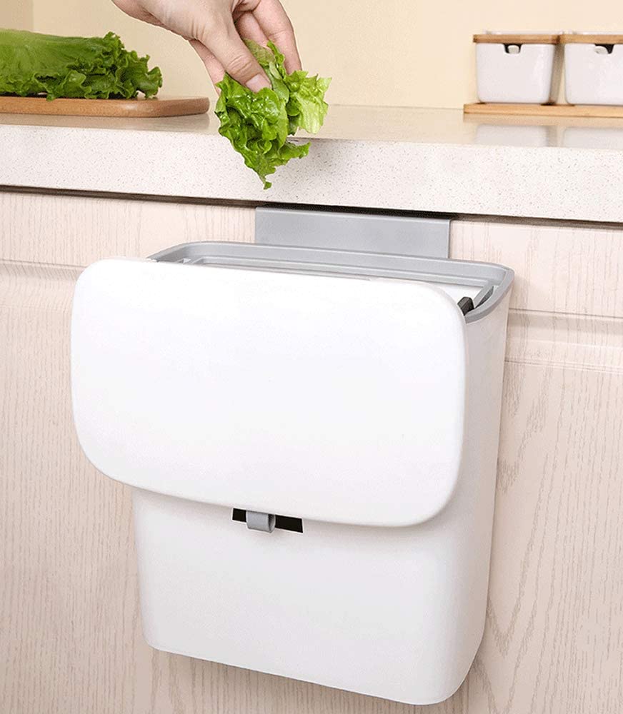 zalati Hanging Trash Bin 7L Capacity Wall Mounted Garbage Case with Slip Lid for Kitchen - White