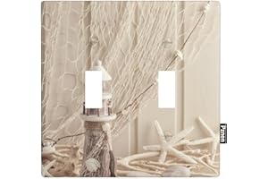 Pznen Rustic Nautical Light Switch Covers Coastal Sea Shell Fishing Net Lighthouse Starfish Ocean Beach Theme Double Toggle Switch Covers 2-Gang Wall Plate for Teen Boy Girl Room