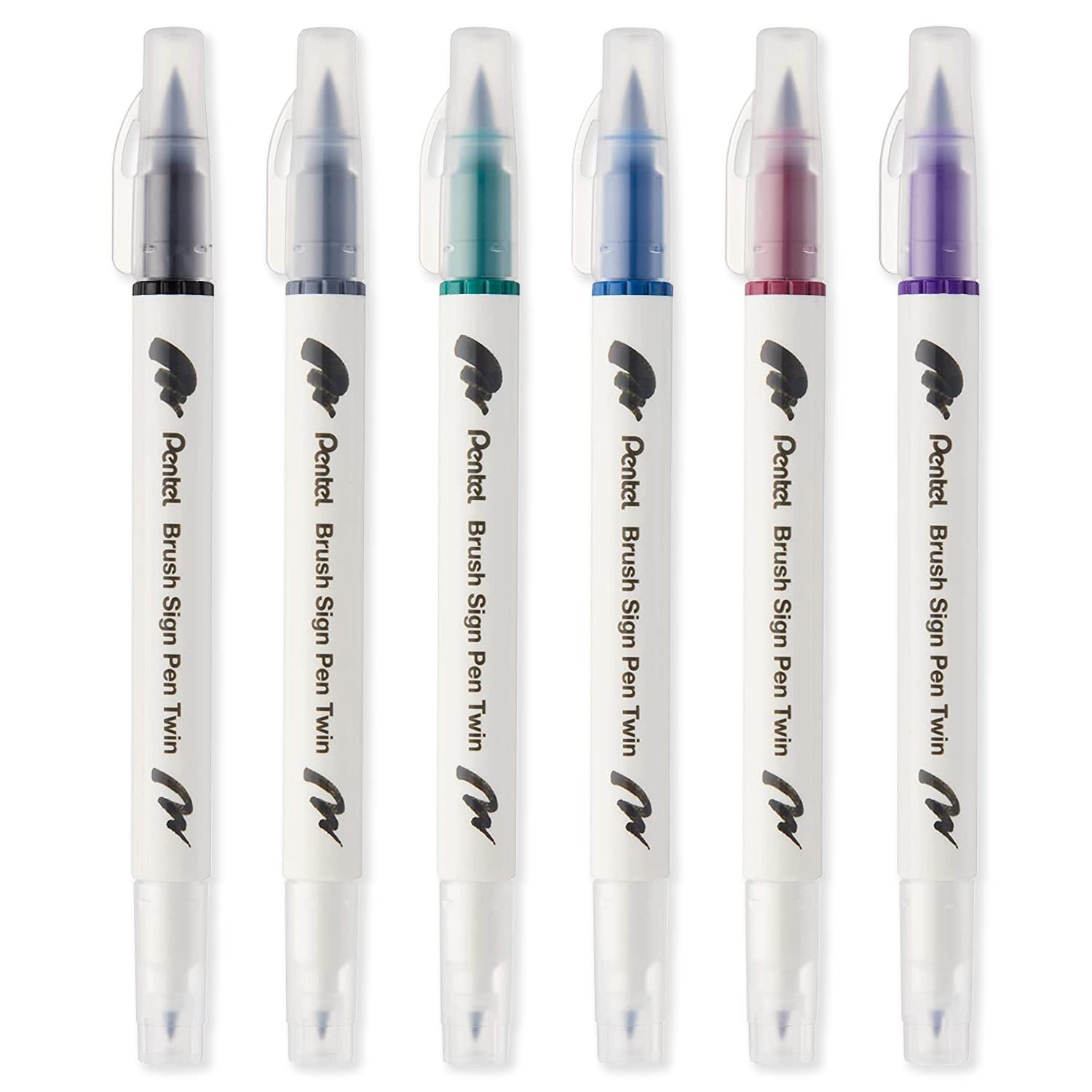 Pentel SESW30C Brush Sign Pen Twin Fibre Tip Pen - Double Ended - Water-based Ink - Dark Pack of 6 - Black, Light Grey, Dark Green, Steel Blue, Dark Red & Violet Ink