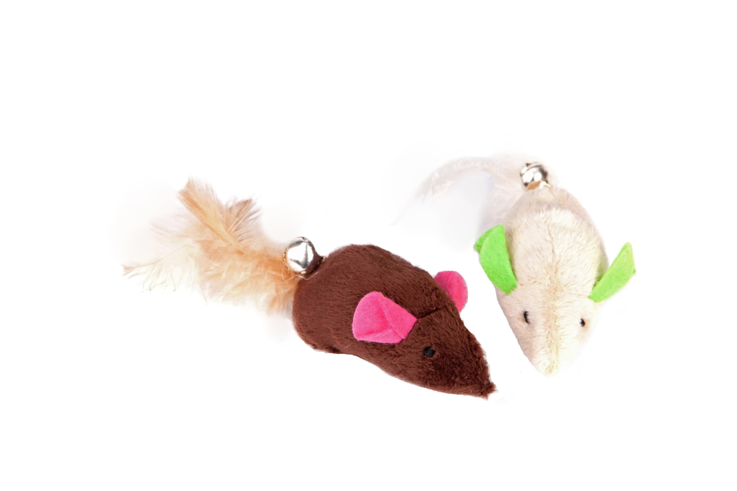 DINGO Cat Toy Set: 2 Plush Mice with Colourful Ears, Attached Bells, and Feathered Tails, for Play and Hunting. Lightweight Pet Toys in Brown and Ecru (21259)