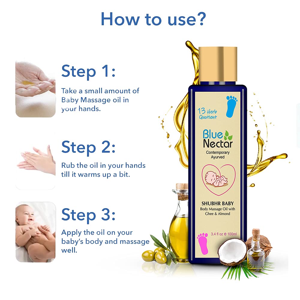 Blue Nectar Ayurvedic Baby Massage Oil with Organic Ghee, Almond Oil and Vitamin E for Healthy Babies (3.4 fl oz): Beauty