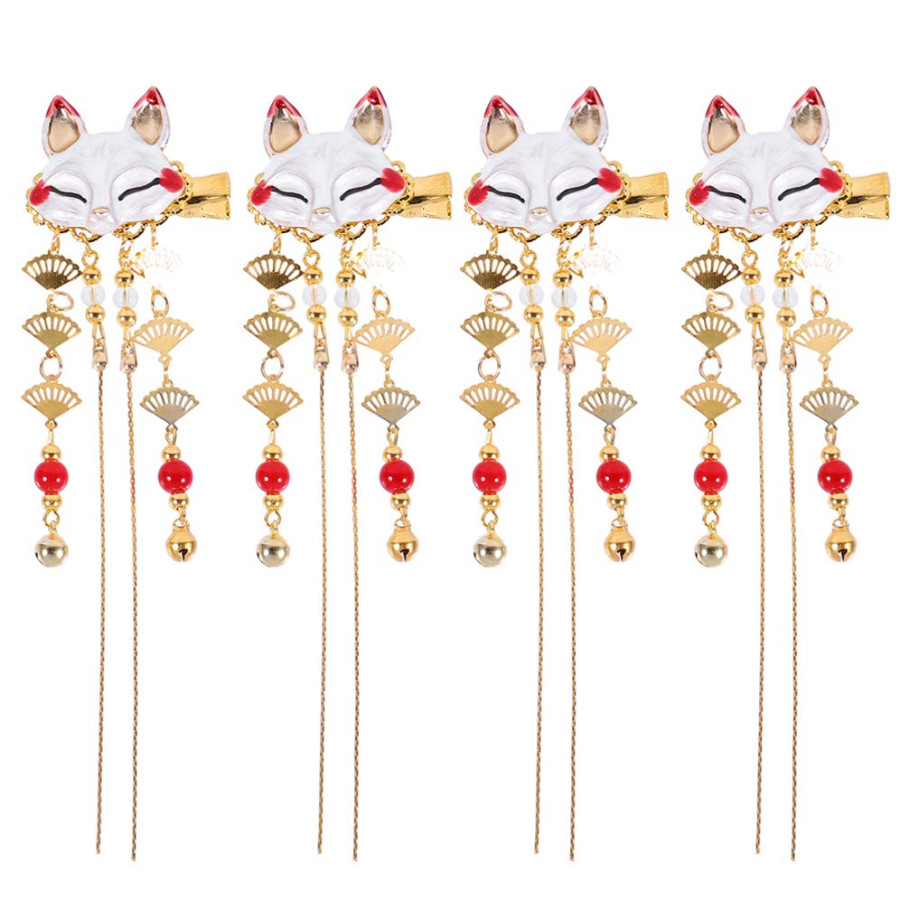 FRCOLOR 4pcs Fox Japanese Cute Hairpin Kanzashi Hair Stick Cosplay Dangling Animal Tassel Jewelry Vintage Hair Clip for Kimono Yukata Bride Hanfu Accessory Oiran