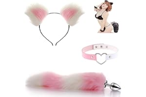 3PCS/Set Heart Leather Collar Neck B-ütt an-âl Pl-ùg T-ö-ys & Cute Cat Tail & Headband Set, Choker Party Cosplay Costume(04IJ