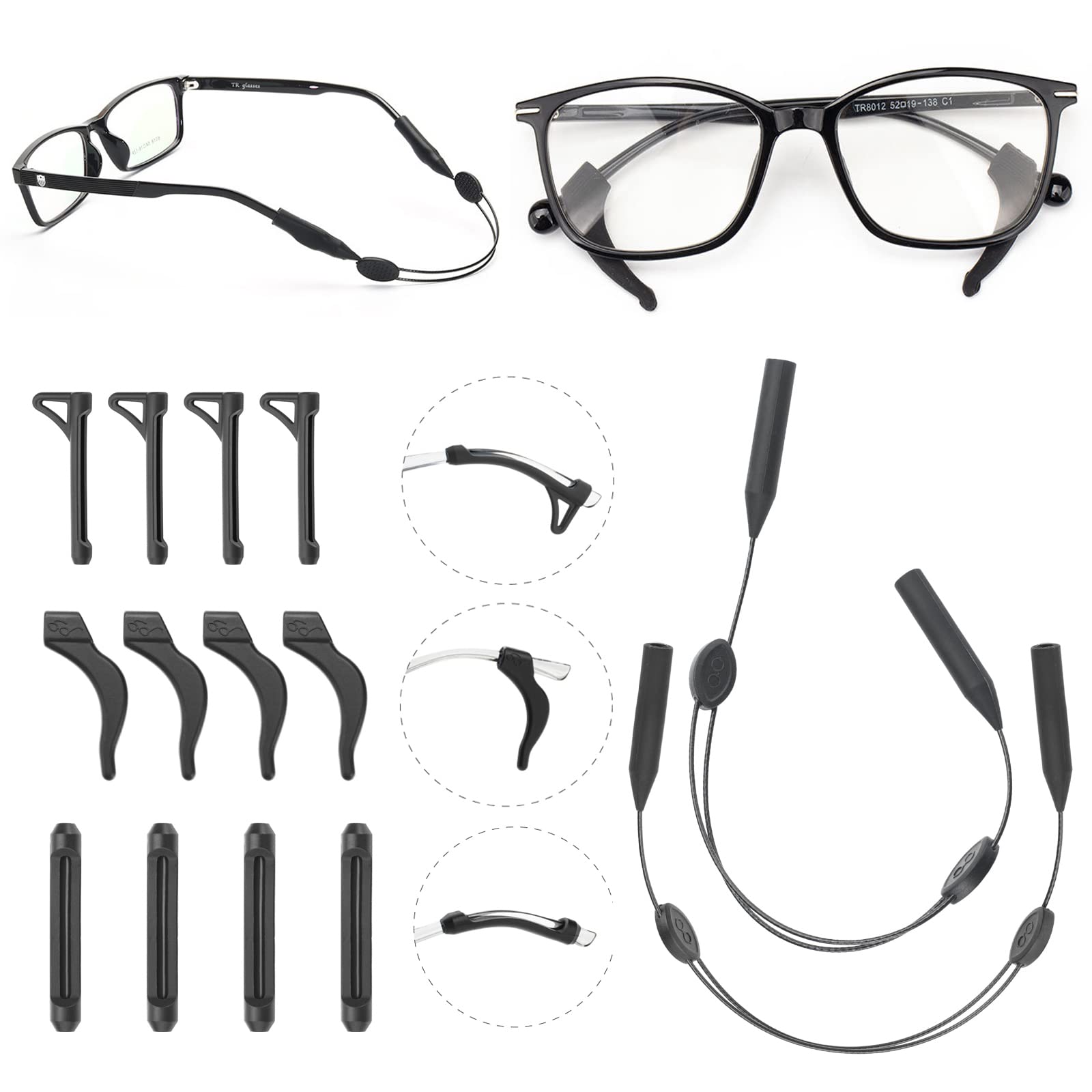 FACATH Eyeglass Ear Grip Soft Comfortable Anti-Slip Holder, Silicone Ear Hook, Eye Glass Temple Tips Sleeve Retainer for Glasses for Reading Glasses, Sunglasses, 6 Pairs Ear Grip + 2 Eyeglass Strap