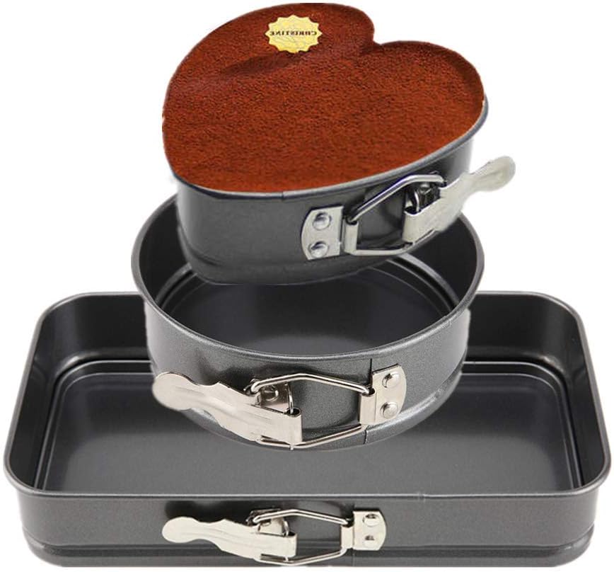 Springform Pan Set, 3Pcs Mini Nonstick Heart/Round/Rectangle (5"+5"+10") Leakproof Cheesecake Pan Baking Pans Household Detachable with Lock Cake Mold: Kitchen & Dining