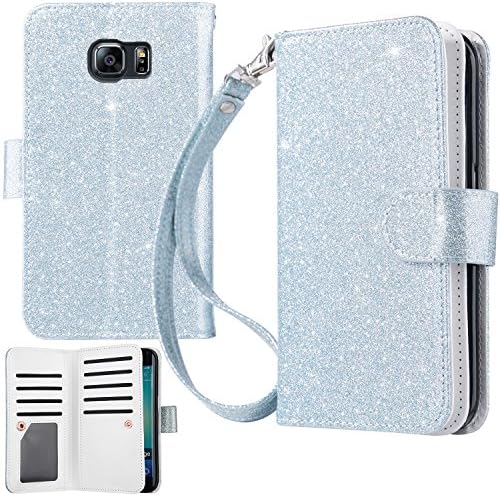 UrbanDrama Case for Galaxy S6 Edge, S6 Edge Wallet Sparkly Glitter Wrist Folio PU Leather Magnetic Closure Card Holder &Cash Pockets Kickstand Protective Case for Samsung Galaxy S6 Edge, Blue