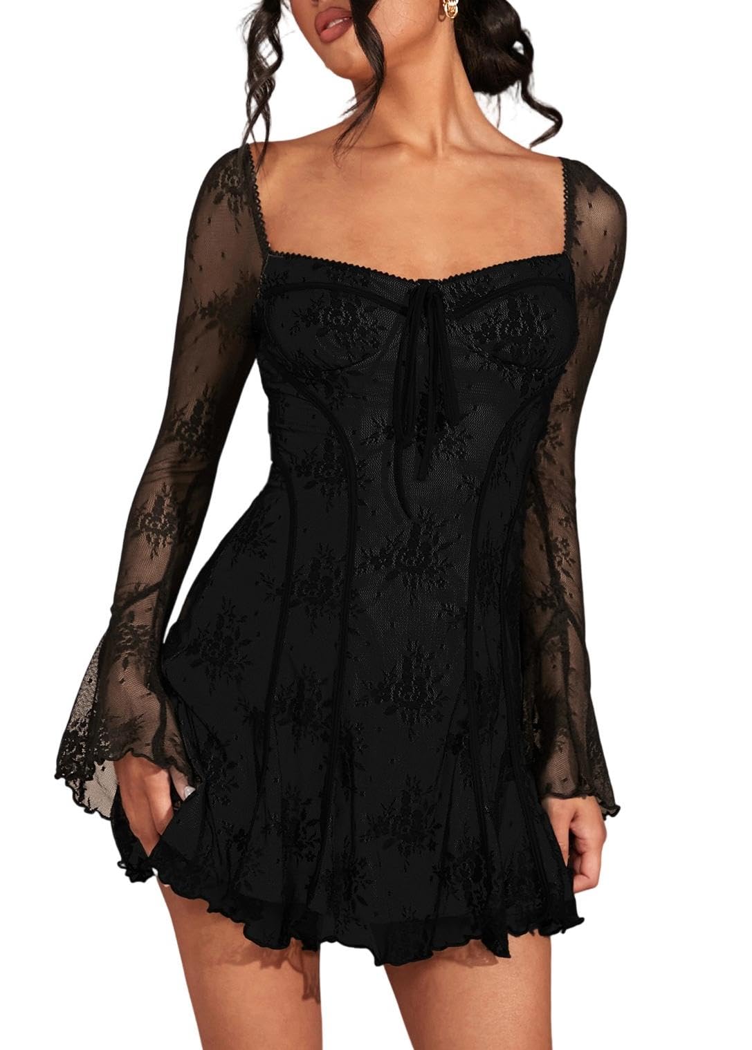 Photo 1 of **HAS A SMALL HOLE** SOLY HUX Women's Lace Mesh Flare Long Sleeve Mini Dress Ruffle Flowy Party Cocktail Dresses Pure Black Large