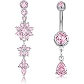 MODRSA Dangle Belly Button Ring Dangling Silver Gold Dangly Belly Piercing Jewelry Hypoallergenic Surgical Steel Butterfly Flower Navel Rings for Women Clicker Navel Piercings Pink