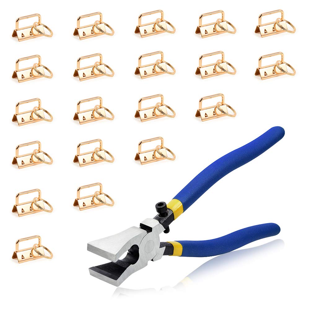 SPEEDWOX 20 Pcs Keychain Fob Hardware Set with Glass Breaking Pliers Tools Key Fob Pliers for 1.25 Inch Webbing Fabric Strapping Wristlet Key Fob Golden Hardware