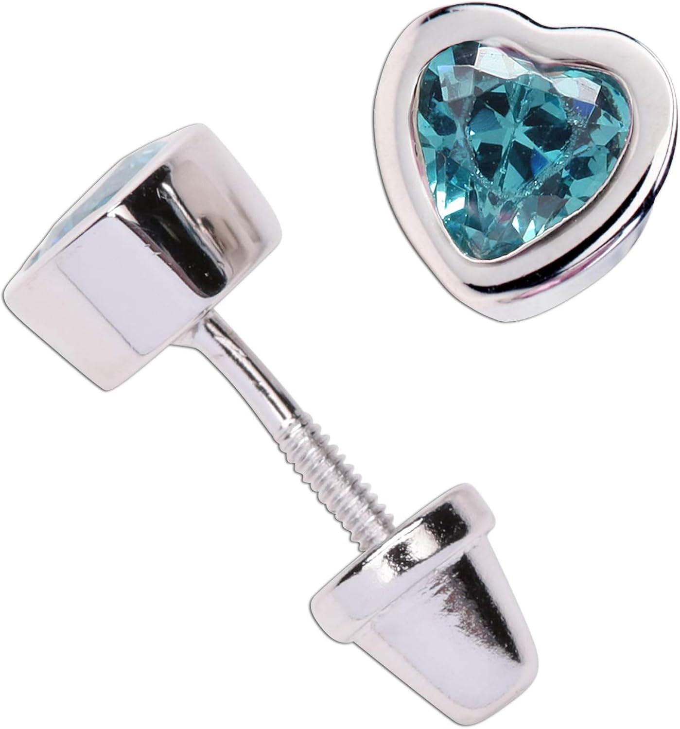 Girls' Sterling Silver CZ Simulated Birthstone Heart Earrings with Screw Back (6mm)