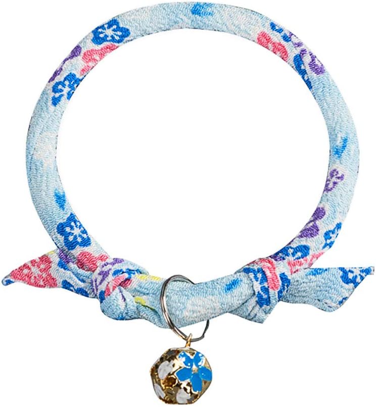 OMEM Breakaway Cat Collar with Clover Bell Japanese Chirimen Kimono Printing Tie Adjustable, 1 Size Fits All (Blue)