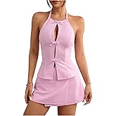 OYOANGLE Women's 2 Piece Outfits Cut Out Sleeveless Bow Halter Top and Wrap Skorts Set Going Out Outfits