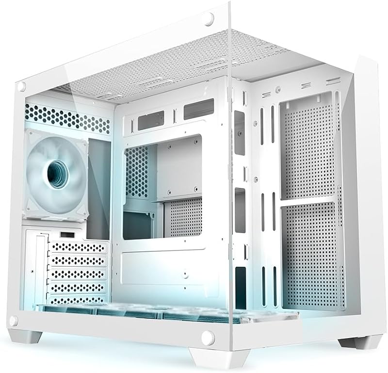SaharaGaming M808W White Mini-ITX M-ATX Gaming Case 4x ARGB PWM Fans Tempered