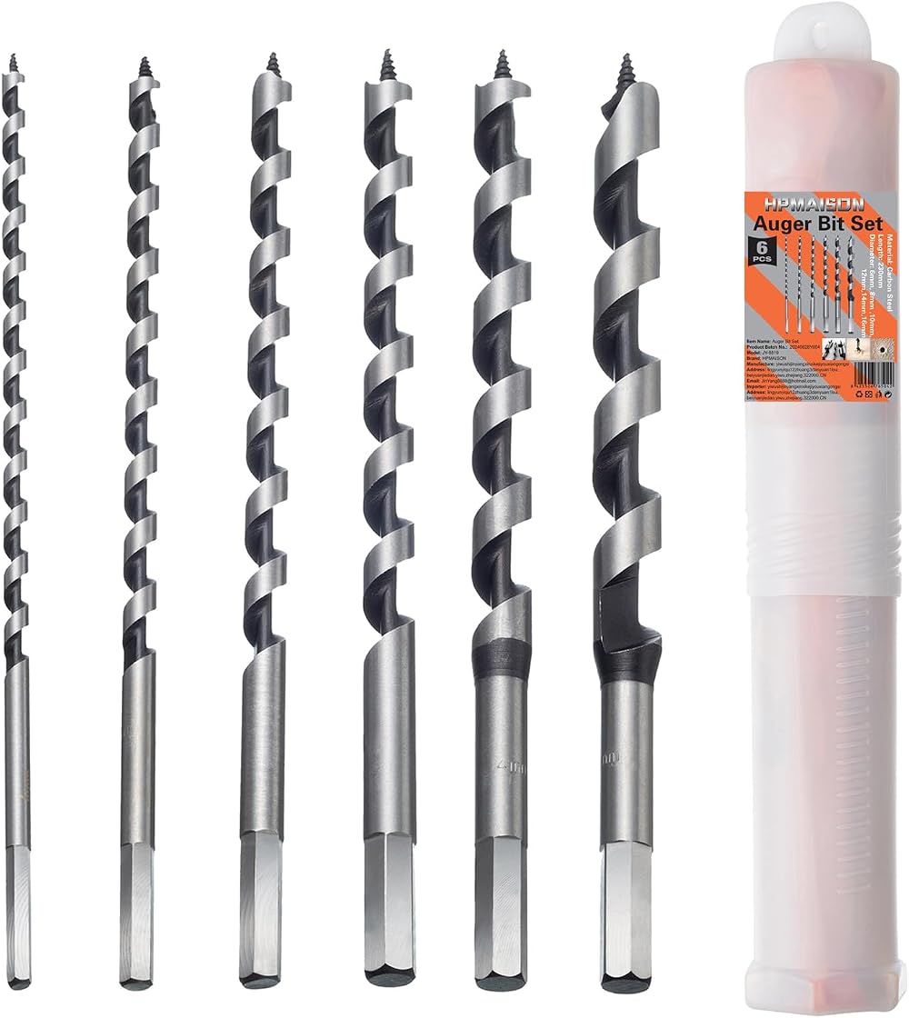 HPMAISON 6-Piece Auger Bit Set 230mm Hex Shank Woodworking Drill Bits 6-16mm