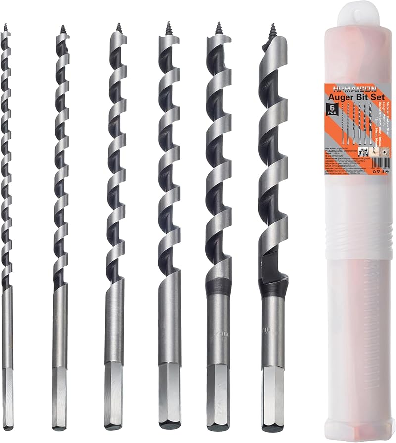 HPMAISON 6-Piece Auger Bit Set 230mm Hex Shank Woodworking Drill Bits 6-16mm