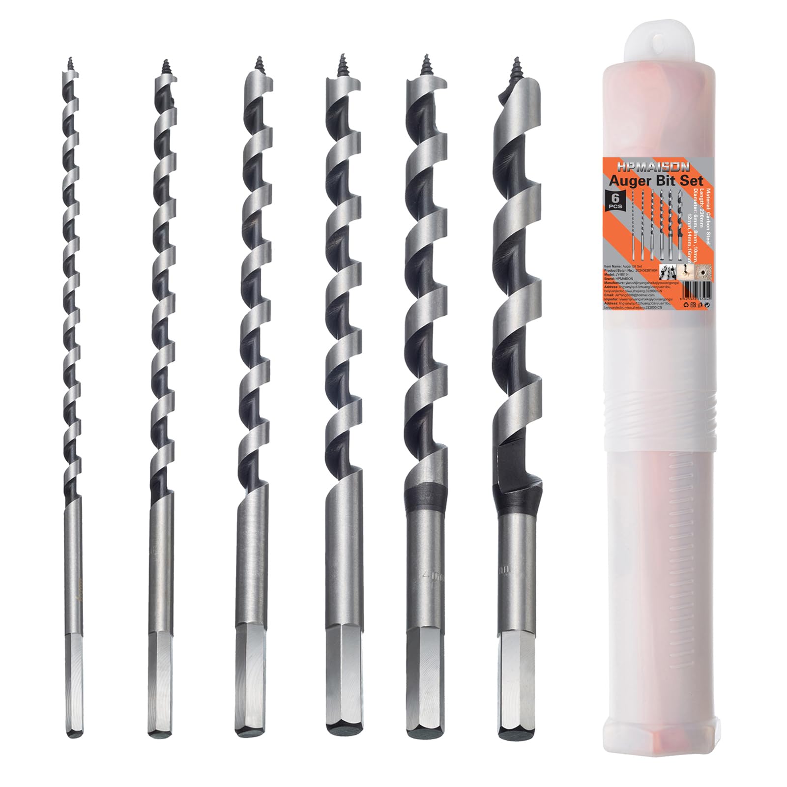 HPMAISON Auger Bit, 6 PCS Auger Bit Set Hex Drill Bits 230mm, Set of Drill Bits in Spiral Stainless Steel with 6mm 8mm 10mm 12mm 14mm 16mm Drill Bit — image 1