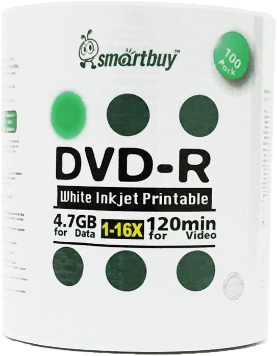 Smart Buy 1000 Pack DVD-R 4.7gb 16x White Printable Inkjet Blank Media Record Disc, 1000 Disc 1000pk