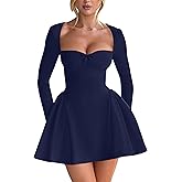 YMDUCH Women's Sexy Long Sleeve Sweetheart Neck A-line Ruffle Hem Party Club Mini Dress