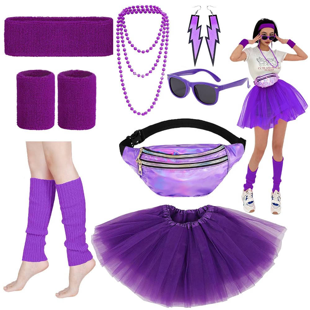 Cckuu 80s Fancy Dress for Women Girls Waterproof Bumbag Waist Packs Headband Wristbands Leg Warmers Earrings Sunglasses Accessories for Neon Fun Run Teams(Purple) — image 1