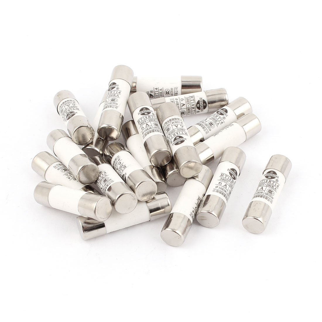 sourcing map 20 Pcs RO15 RT18 RT14 Ceramic Cylindrical Tube Fuse 6A 380V 10x38mm