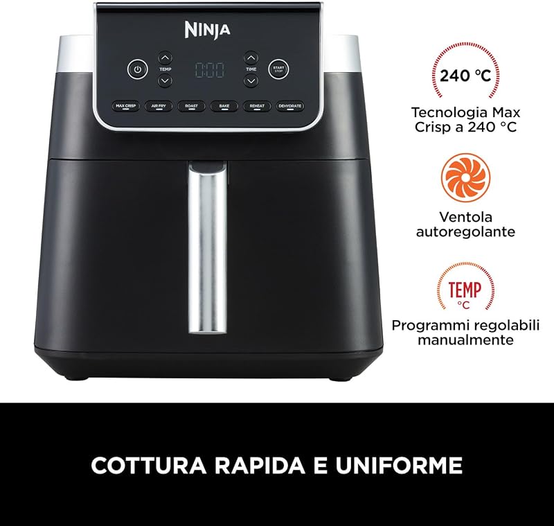 Friggitrice ad Aria MAX, 6.2L Digitale, 5 in 1, Antiaderente, Cottura Senza Olio, per Arrostire, Cuocere al Forno, Formato Famiglia, Cestello e Piastra Lavabili in Lavastoviglie, Grigio AF180EU