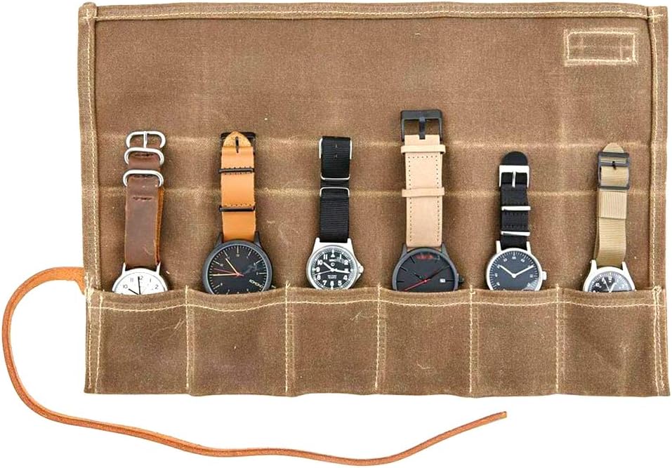 Cool Material Waxed Canvas Watch Roll - Travel Watch Organizer - Holds 6 Watches