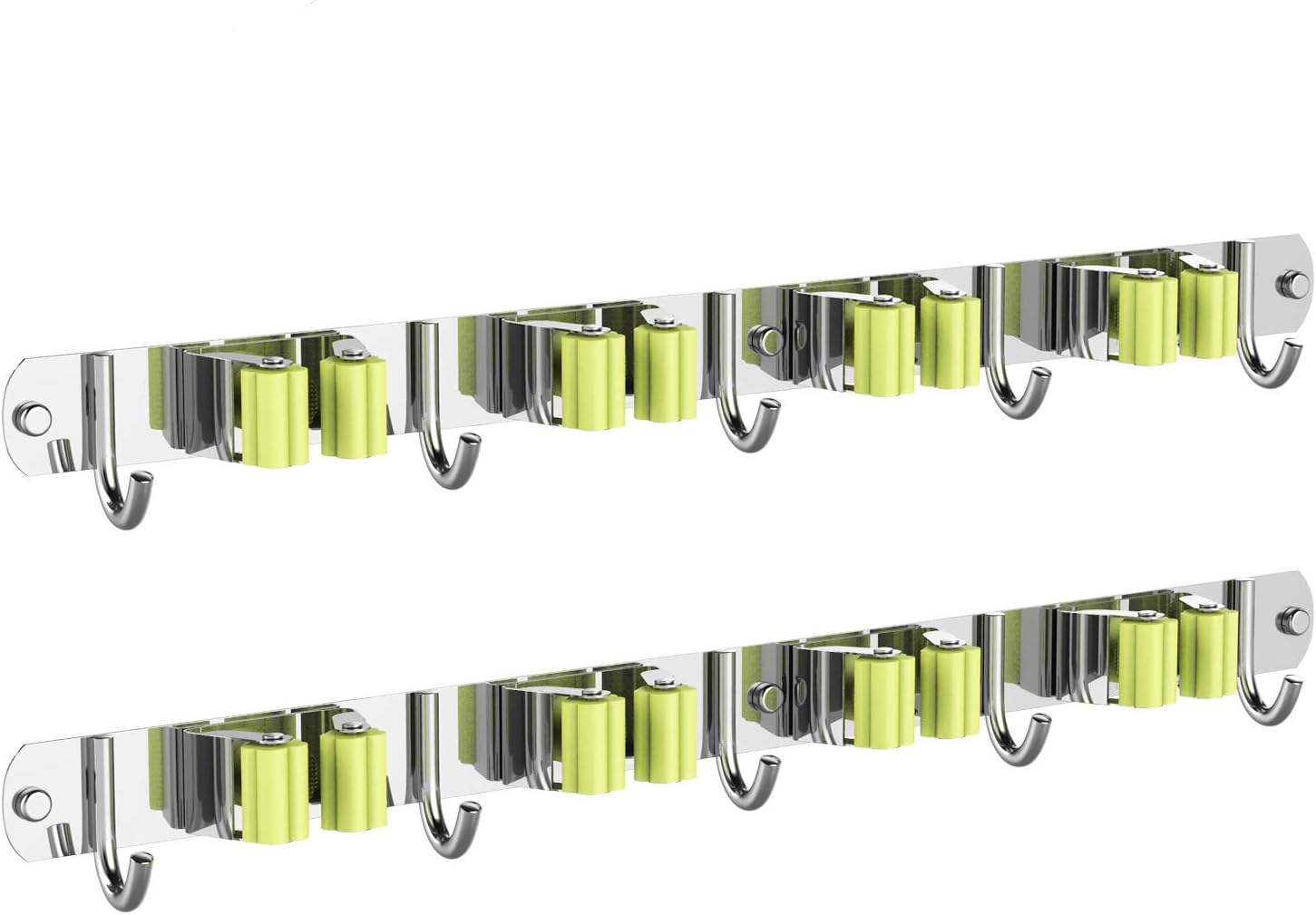 Broom Organizer Wall Mount ,Stainless Steel Garden Storage Box, Hanger with 4 Racks 5 Hooks, for Bathroom Kitchen and Garden,Screw or Adhesive Mounting kit, 2 Pack