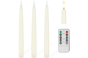 AFINETH Flameless Taper Candles with 3D Wick, 9.6" Real Wax LED Candles with Remote and Timer, 3 Pack Flickering Candlesticks Battery Operated, Classic Tall Taper Candles for Home, Wedding, Party, Ivory