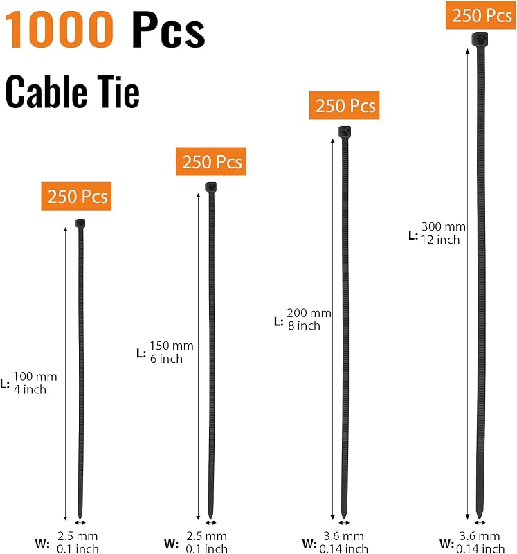Kabelbinder Schwarz Set, Kabelbinder UV Beständig,Cable Ties Nylon Verschiedene Größen für Kabelmanagement,Gartenarbeit,Wohnen,Werkstätten (100/150/200/300 mm(1000 Stück))