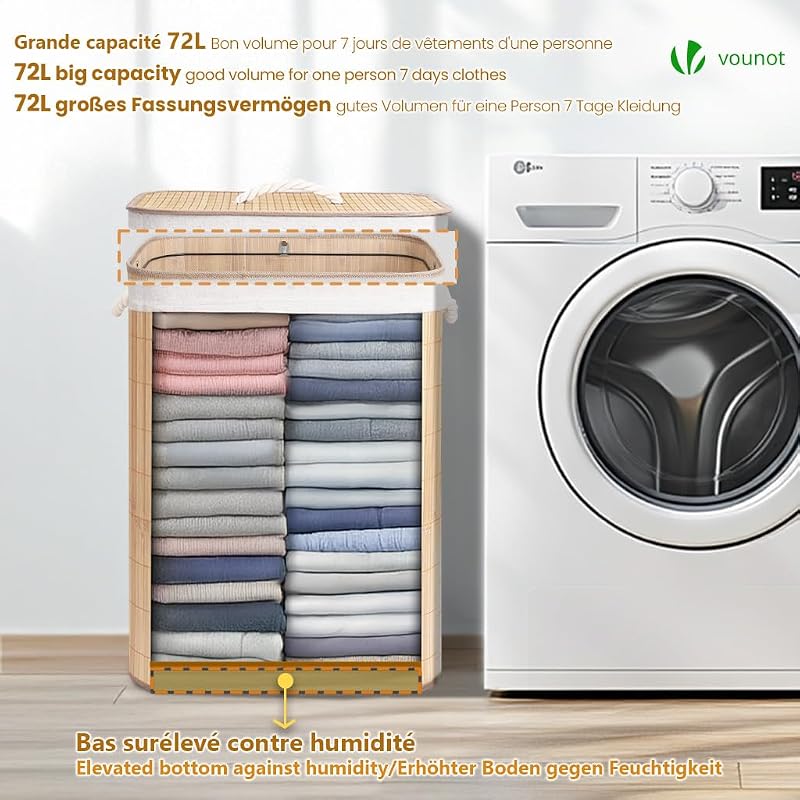 ® Cesto Portabiancheria Rettangolare in Bambù 72L, Cesto Pieghevole per Panni Sporchi con Coperchio, Manici e 2 Borse Rimovibili, per Bagno, Lavanderia e Camera da Letto, Naturale