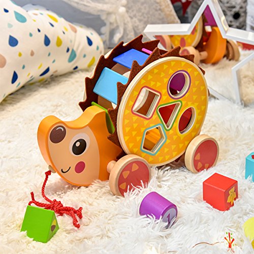 cossy Wooden Shape Sorter Pull Toy - Wooden Hedgehog Puzzle for Toddler Learning Walk-A-Long Push & Educational Toy for 1 Year Old